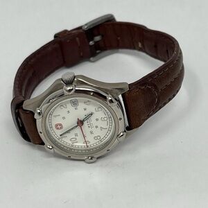Vintage Wenger SAK Design Watch Women 39mm Silver Tone Brown Leather Ladies